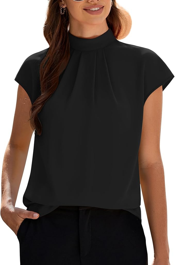Funlingo Womens Tops Dressy Casual Mock Neck Cap Sleeve Blouses Summer Pleated Dress Shirt for Bu... | Amazon (US)