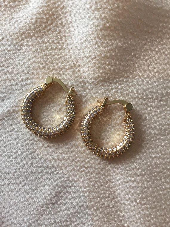 Cz Chubby Hoops, Gold Statement Earrings, Women’s Jewelry, Small Hoops, For Her, Stackable Earr... | Etsy (US)