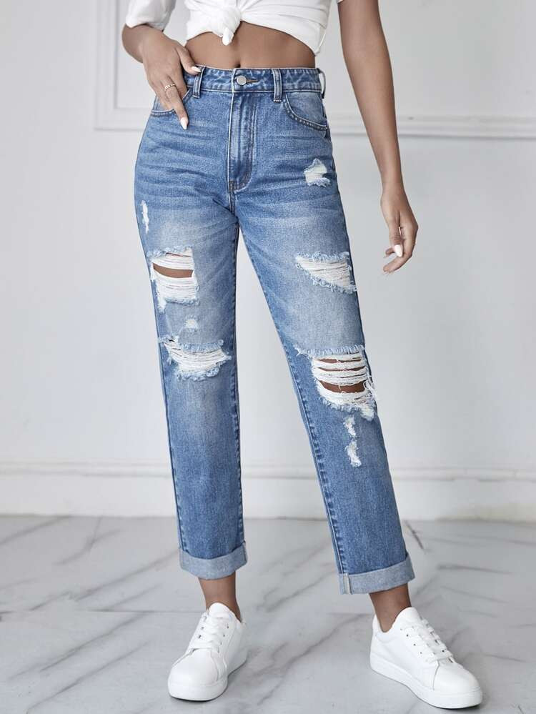 Ripped Roll Hem Straight Leg Jeans | SHEIN