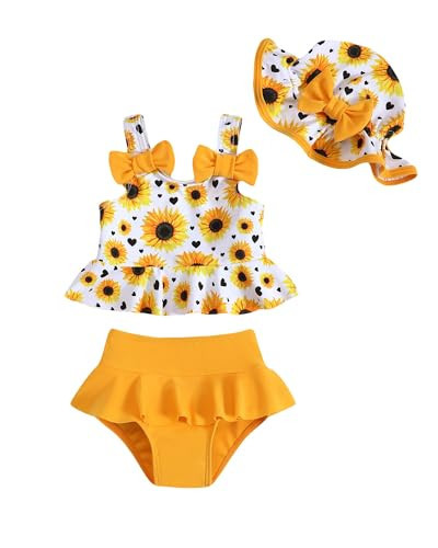 Toddler Swimsuit Girl 12-18 Months Toddler Bathing Suit Yellow Dasiy Tankini Baby Girl's Swimwear Summer Beach Bikini Hat Outfits Set | Amazon (US)