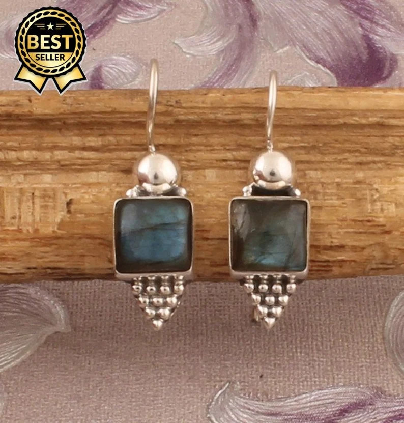 Sterling Silver Labradorite Earrings: Square Gemstone Dotted Design | Etsy (Global)