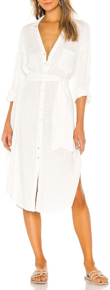 Capuffy Women's Long Sleeves Button Down Swimsuit Cover Up Bikini Beachwear Sexy V Neck Long Beac... | Amazon (US)