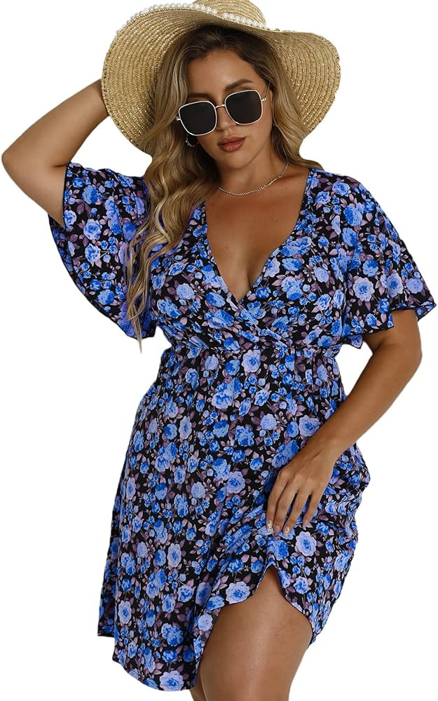 Romwe Women's Plus Size Floral Print V Neck Short Sleeve High Waist Summer Short Dr... | Amazon (US)