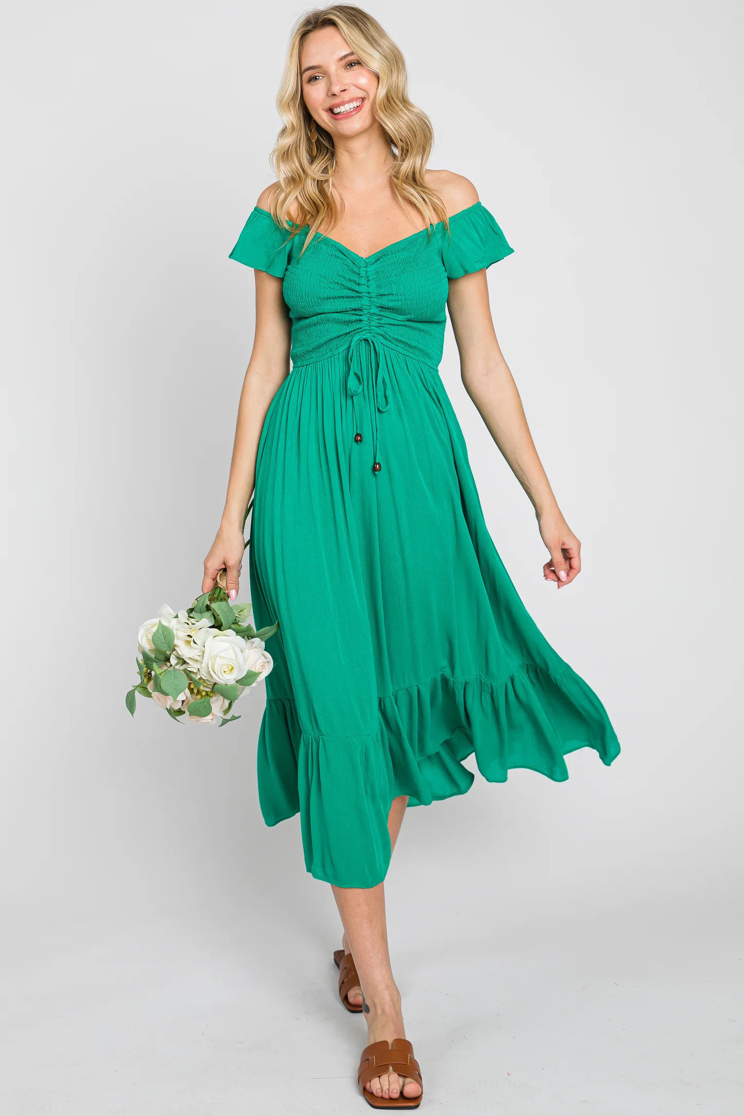 Green Smocked Ruched Ruffle Hem Maxi Dress | PinkBlush Maternity