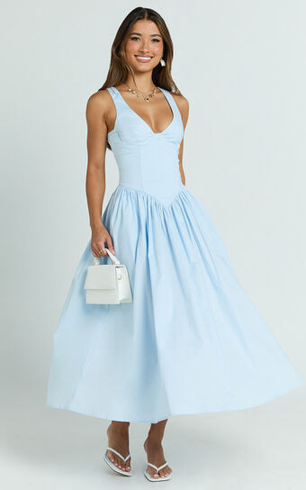 Beckett Midi Dress - Scoop Neck Drop V Waist Gathered Skirt Dress in Blue | Showpo (US, UK & Europe)