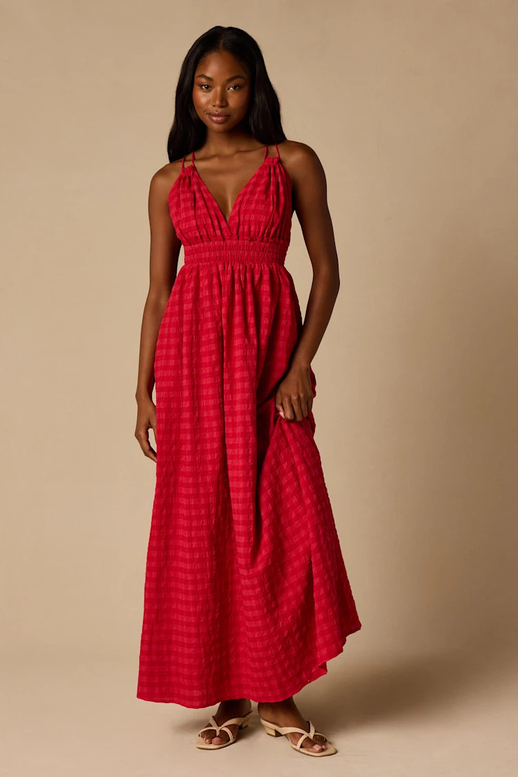 Tamilyn Red Gingham Lace-Up Maxi Dress | Lulus