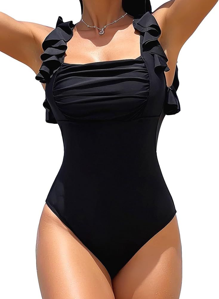 Verdusa Women's Ruffle One Piece Swimsuit Square Neck Wireless Bra Ruched Bust Tummy Control Bath... | Amazon (US)