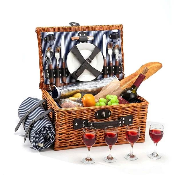 Wicker Picnic Basket Set for 4 Persons with Large Insulated Cooler Bag, Waterproof Picnic Blanket... | Walmart (US)