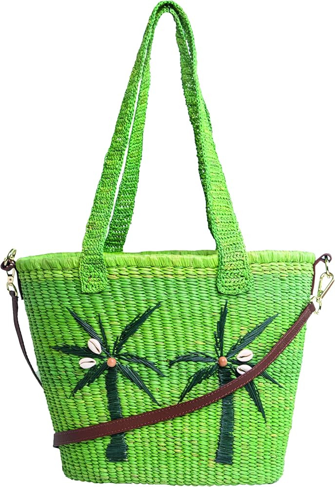 Amazon.com: Sensi Studio, Palmas Tote Bag, Olive Green Straw / Cognac Leather Strap : Amazon Luxu... | Amazon (US)