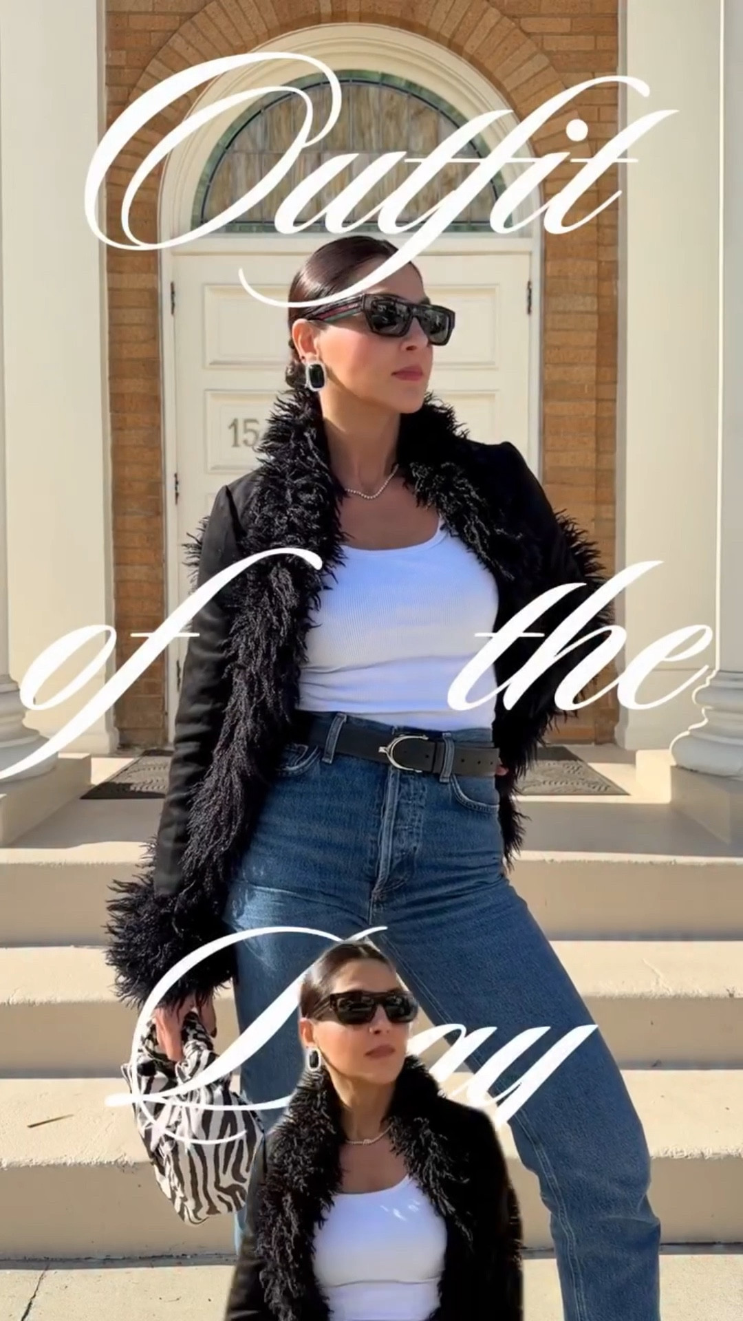 A fur-lined jacket is all it takes to turn a simple white tee and jeans into a chic look✨