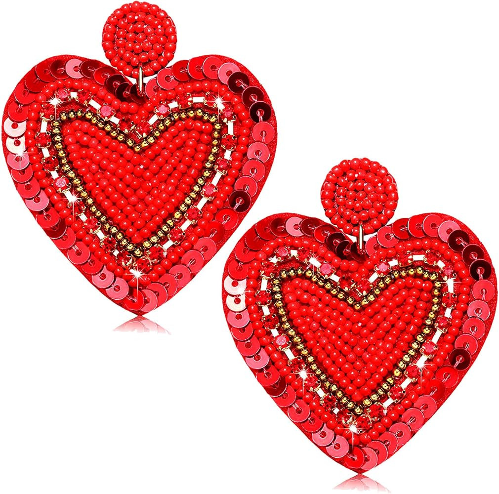 Valentine’s Beaded Heart Earrings for Women Rhinestone Love Heart Drop Dangle Earrings Statemen... | Amazon (US)
