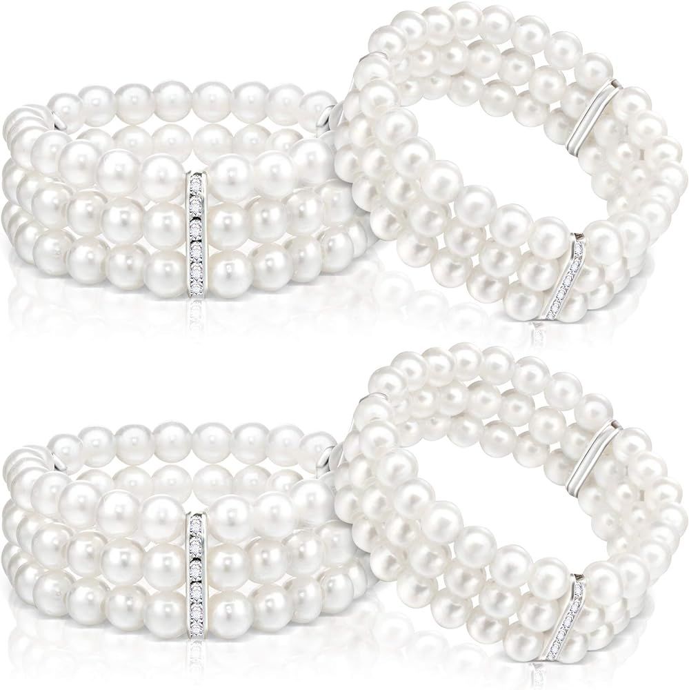 4 Piece Faux Pearl Bracelet 3-Row Pearl Stretch Bracelet Multilayer Pearl Elastic Bangle for Wedd... | Amazon (US)