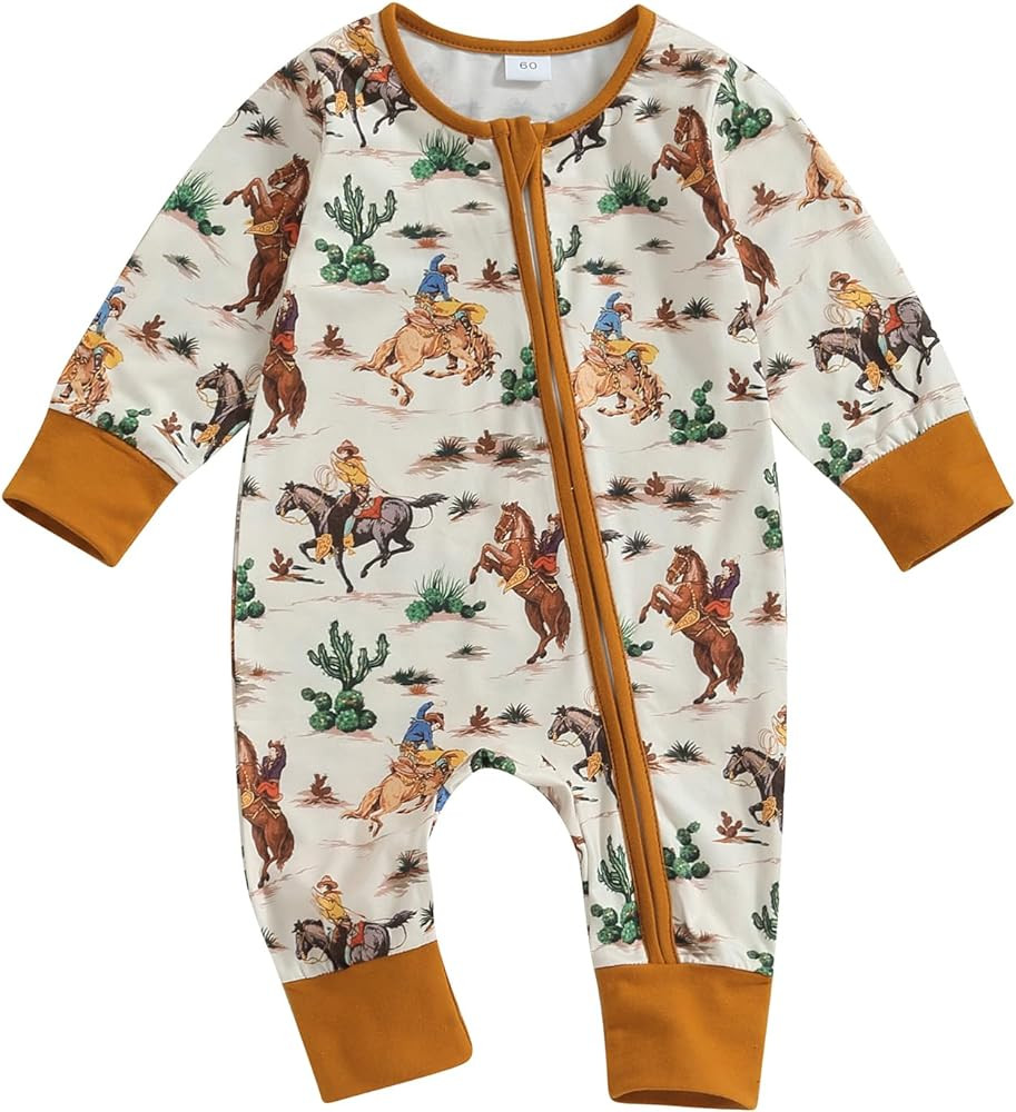 Lamuusaa Western Baby Girl Boy Clothes Long Sleeve Cow Print Romper Zipper Bodysuit Jumpsuit One ... | Amazon (US)