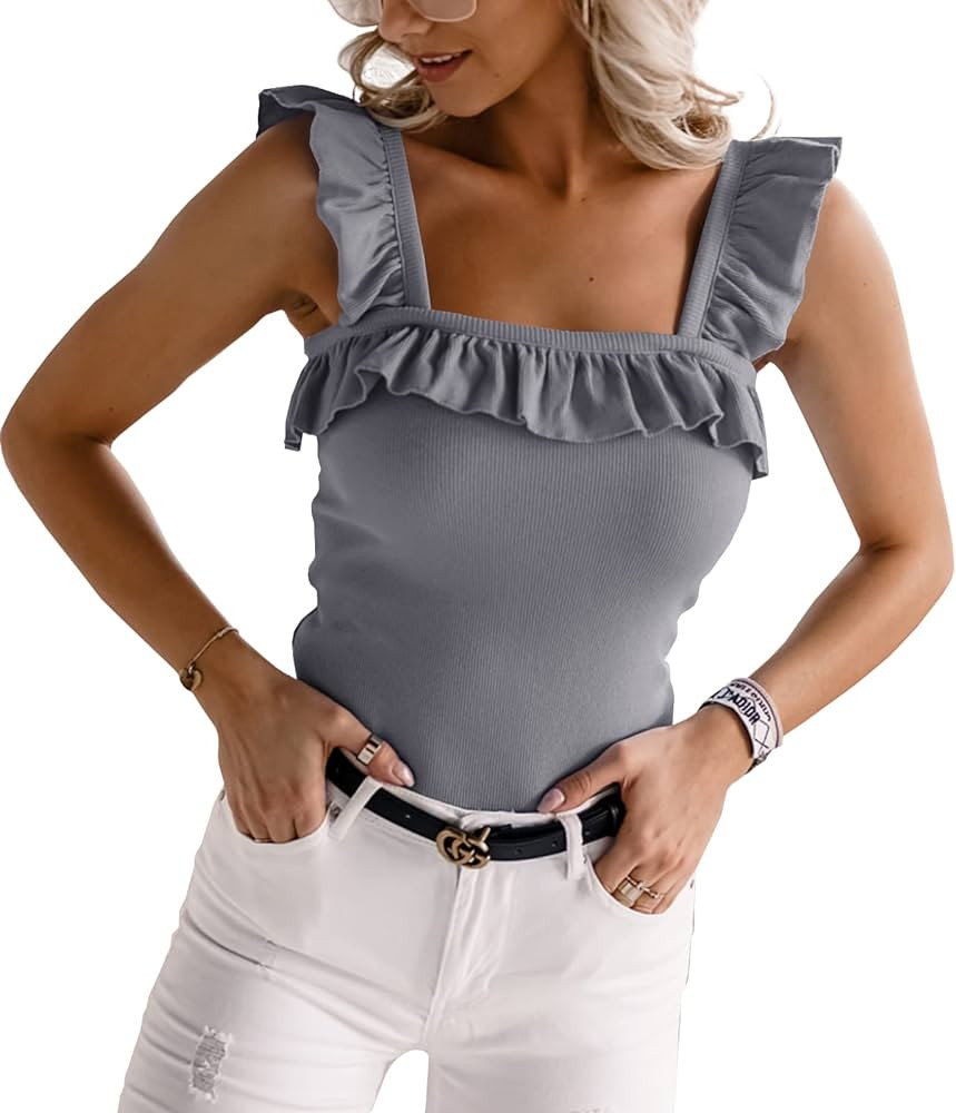 Womens Cute Sleeveless Tank Tops Ruffle Strap Square Neck Blouse Solid Color Knitted Camisole | Amazon (US)