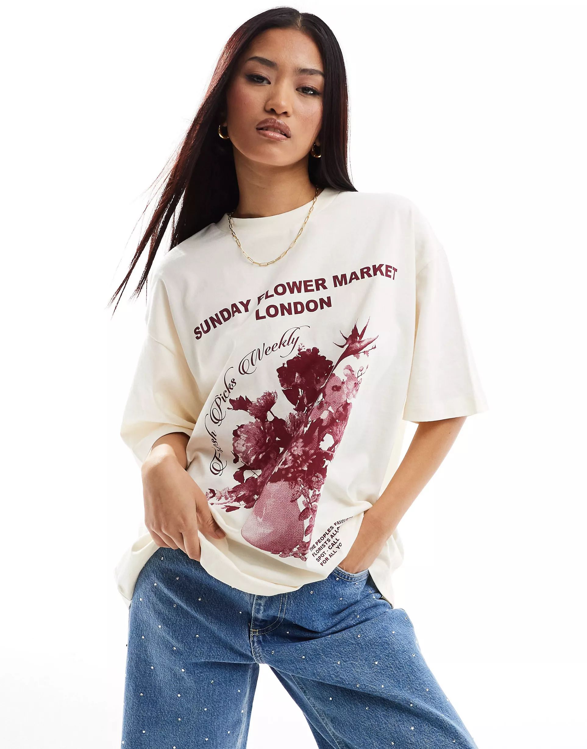 ASOS DESIGN boyfriend fit t-shirt with flower market graphic in cream | ASOS (Global)