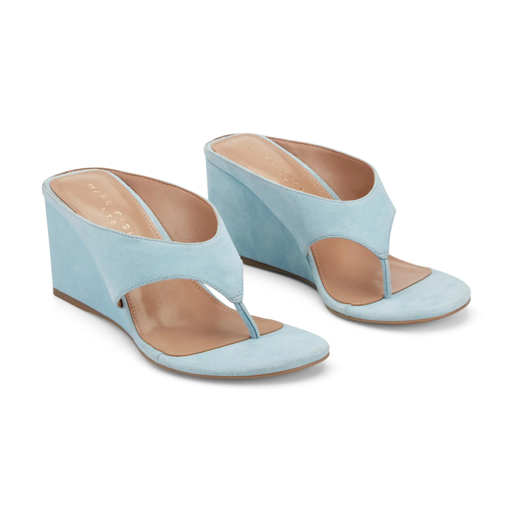 Women's Udena Wedge Thong Sandal - Light Blue Suede | Marc Fisher Footwear | Marc Fisher