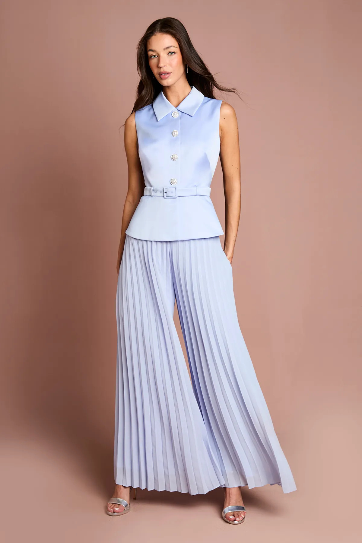 Cornflower Blue Coast Collared Peplum Pleated Georgette Trouser Jumpsuit | Debenhams | Debenhams UK