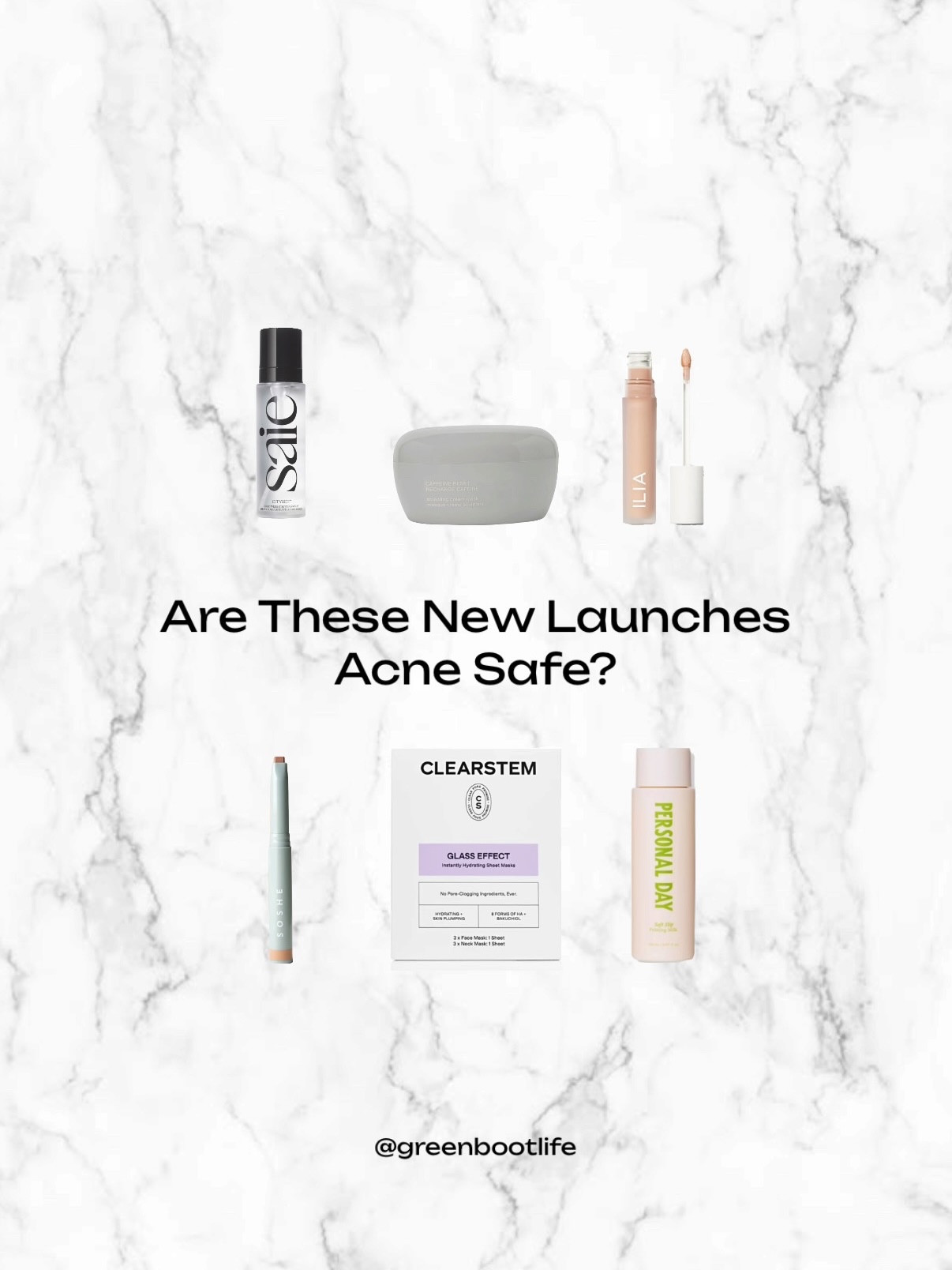 Swipe to see if they are acne safe and read caption why ⬇️ comment SAFE and I’ll send you the acne safe ones!

- @saiebeauty CitySet Setting Spray: has no pore cloggers, and has been tested by me (no breakouts)

- Rhode Caffeine Reset Mask: has pore cloggers like Glyceryl Isostearate. This brand is generally not acne safe FYI. Sorry Hailey (love your smoothie)

- correction: @personalday Soft Slip Priming Milk: has one major pore clogger, so even though it feels incredibly lightweight and calming, I would proceed with caution.

- @soshebeauty Precision Sculpting Stick: has no pore cloggers. Really excited to try this one!

- @iliabeauty Skin Blur Serum Concealer: has no pore cloggers. However, it do personally break me out.

- @clearstemskincare GLASS EFFECT Face and Neck Sheet Masks: no pore cloggers, as usual with Clearstem. This is likely the only pore cloggers free sheet mask on the market!! (Code GREENBOOTLIFE saves you 10%)

Often times we don’t get this lucky with acne safe launches! Of course, everyone’s skin is bioindividual, so even when something might not have pore cloggers, it doesn’t always mean it won’t cause a rare reaction.

Do you like this format? Should I do more posts like these?

#newmakeup #newskincare #cleanbeauty #acnesafe #acnesafemakeup

#LTKBeauty