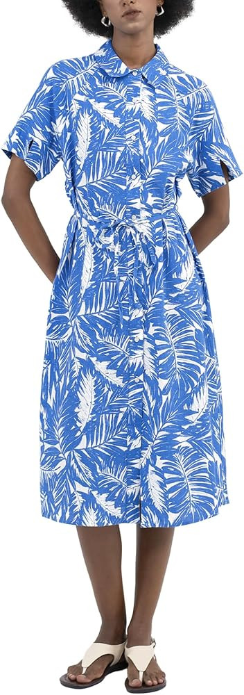 Womens Shirtdress Tie Waist Short Raglan Sleeves Slit Spread Collar Button Midi Work Office Busin... | Amazon (US)