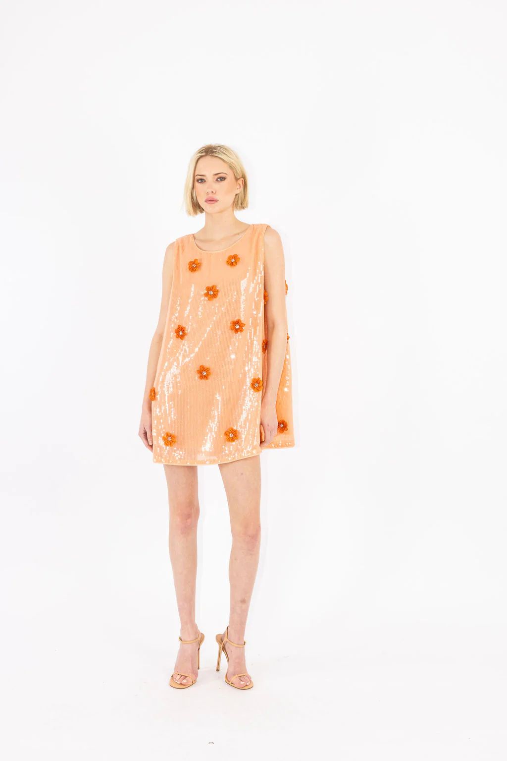 peach sequin organza floral mini a-line dress | La Vie Style House