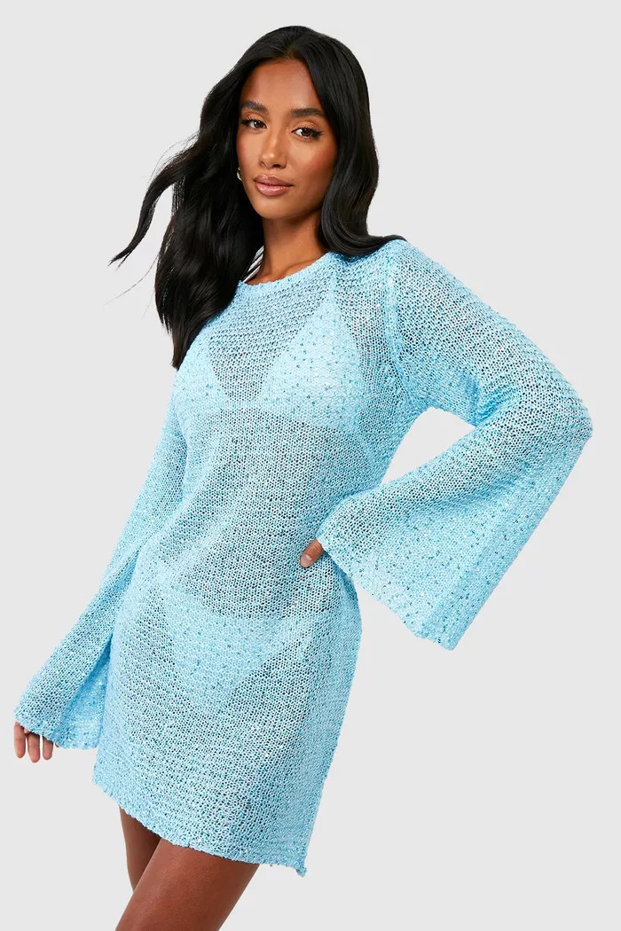 Petite Sequin Crochet Flare Sleeve Mini Dress | Boohoo.com (UK & IE)