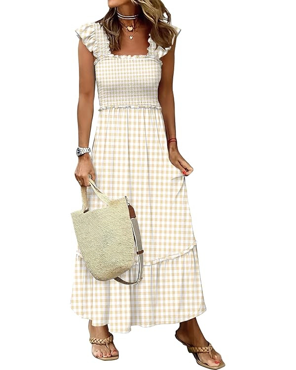 ANRABESS Womens Summer Sleeveless Maxi Dress Square Neck Smocked Boho Casual Ruffle Strap Flowy A... | Amazon (US)