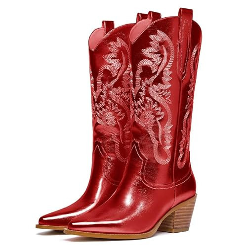 citsanos Women's Red Cowboy Boots Metallic Cowgirl Boots with Shiny Embroiderdy Pointed Toe Stacked Chunky Heel Pull On Tabs Sparkly Wide Mid Calf Western Boots for Party Wedding Concert Red,13 | Amazon (US)