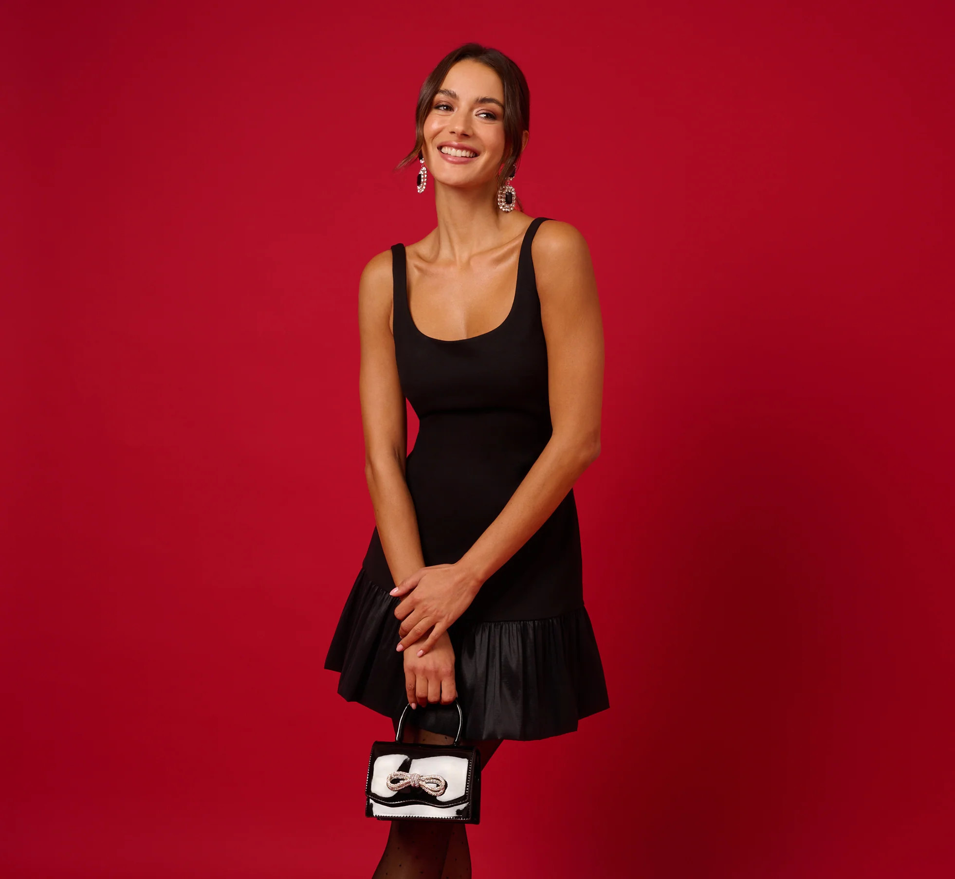 Ponte Taffeta Drop Waist Flounce Dress In Black | Adrianna Papell