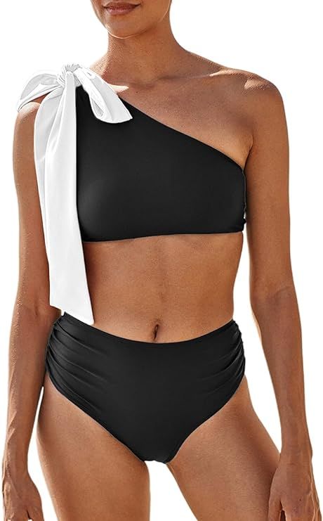 Herseas Womens Bikini Sets 2 Piece One Bow-Shoulder Swimsuit Ruched Bathing Suit | Amazon (US)