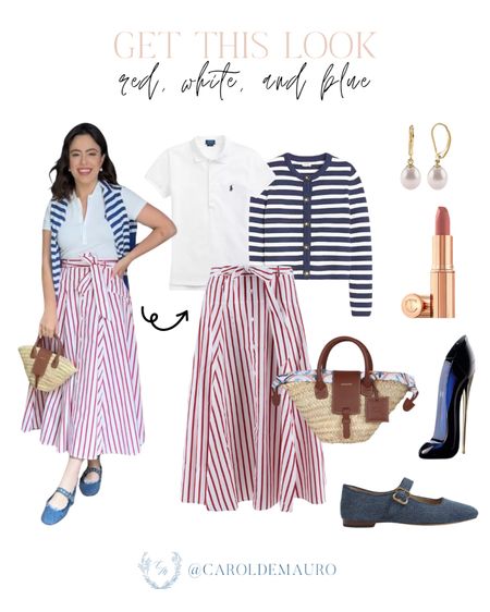 Here's a striped outfit idea that you can also wear as a Memorial Day outfit: a white polo shirt paired with a red striped maxi skirt, stylish cardigan, a cute handbag, and more!
#petitefashion #beautypicks #travelloook #casualstyle

#LTKShoeCrush #LTKSeasonal #LTKStyleTip