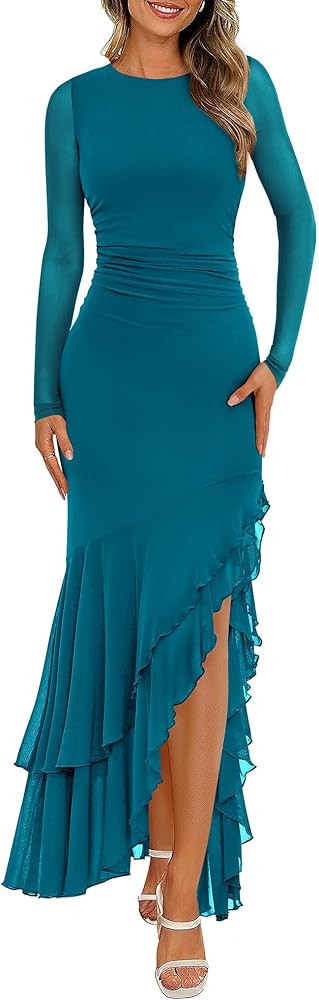 BTFBM Women's Maxi Dresses Spring 2026 Long Sleeve Ruched Bodycon Solid Ruffle Mermaid Cocktail W... | Amazon (US)