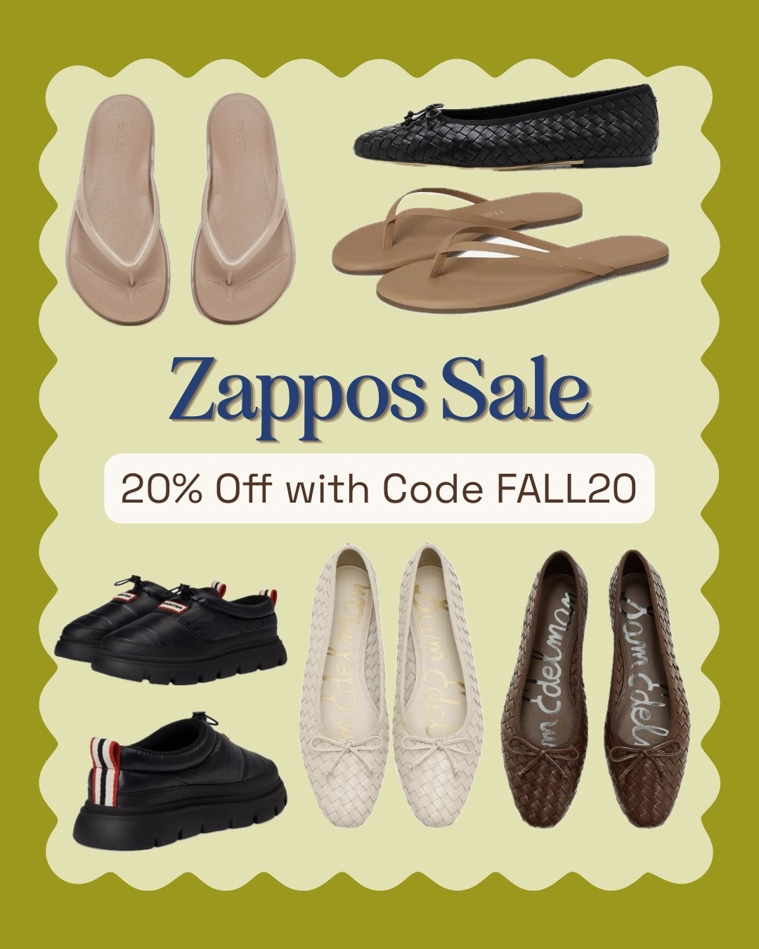 @Zappos has started their fall sale (20% off with code FALL20), and they have some great shoe choices included in their sale! Here are our top picks so far:

- LOVE the @samedelman Ruthie flats. The ivory, black, and dark chocolate brown colors are included in the sale. Limited sizing left in the black and brown, but the ivory still has most sizes available and looks really cute with jeans.

- I really wanted these Hunter slip-ons for winter, but they sadly don’t come in my size (they go up to size 11). These are like if a puffer coat and a sneaker had a baby lol — cool street style that’s actually functional for winter. They come in lots of other colors: red, white, silver, neutrals, and more.

- Missy loves TKEES, and these Foundation Matte sandals come in a neutral shade for everyone. Like the name suggests, they come in nine different neutral tones — like picking a foundation shade.

- And these @crocs flip flops were sold out all summer, but are now back in stock and on sale! They look minimalist while still having good arch support. These are the rounded toe, which is what went viral this summer. 

Definitely worth a browse!

#LTKSaleAlert