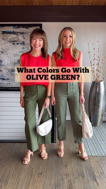 What colors go with olive green?? We get this question a lot!! Answer: treat olive green like a neutral and style away!! Pair it with red, purple, stripes, black, florals, bright pink or coral, white/cream or denim!! Olive green pants are a fun change up from blue denim or black pants! 

HOW TO SHOP: 🛍️
-Comment “links” for outfit links sent to your inbox! 
- Click the link in our bio to shop from the @shop.ltk app or from lastseenwearing.com! 
- Links will be in our stories!

Olive pants, Anthropologie, red top, cabi, denim shirt, Anine Bing, Kohl’s, Splendid, Dolce Vita, Pilcro, Olive pants outfits, Spring outfits, spring colors

#LTKstyletip #LTKover40 #LTKSeasonal
