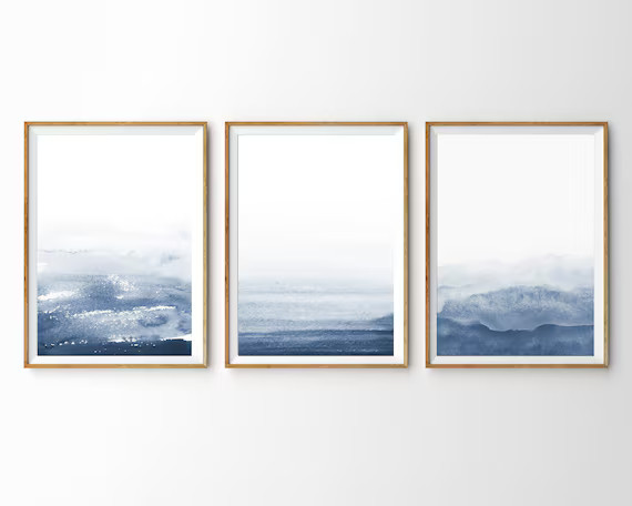 Navy Blue Wall Art Prints 3 Piece Wall Art Indigo Wall Art Abstract Watercolor Set of 3 Prints Af... | Etsy (US)