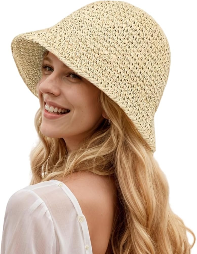 Womens Floppy Straw Sun Hat Packable Wide Brim Summer Beach Hat Foldable Crochet Bucket Hats | Amazon (US)