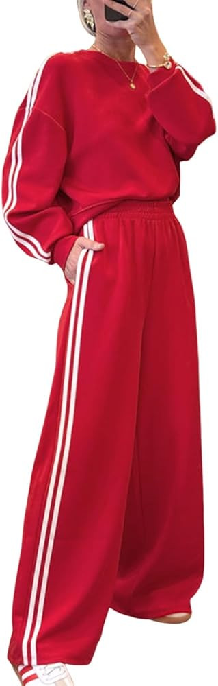 KevaMolly Womens Lounge Sets Varsity Striped Detail Crewneck Pullover Elastic Sweatpants 2pcs Out... | Amazon (US)