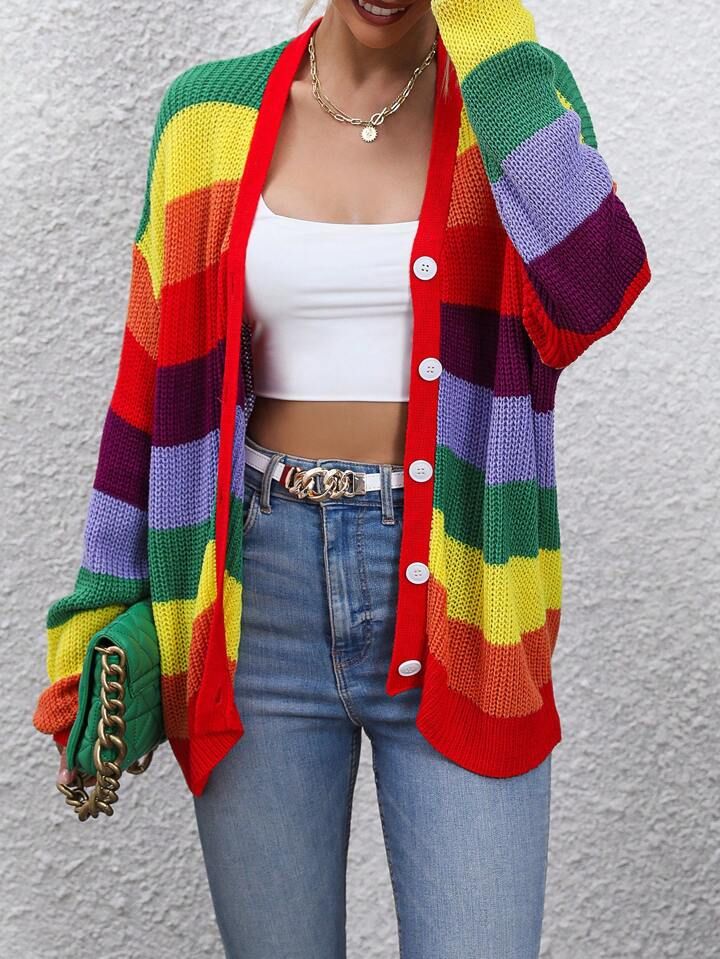 SHEIN Essnce Rainbow Striped Pattern Drop Shoulder Cardigan | SHEIN