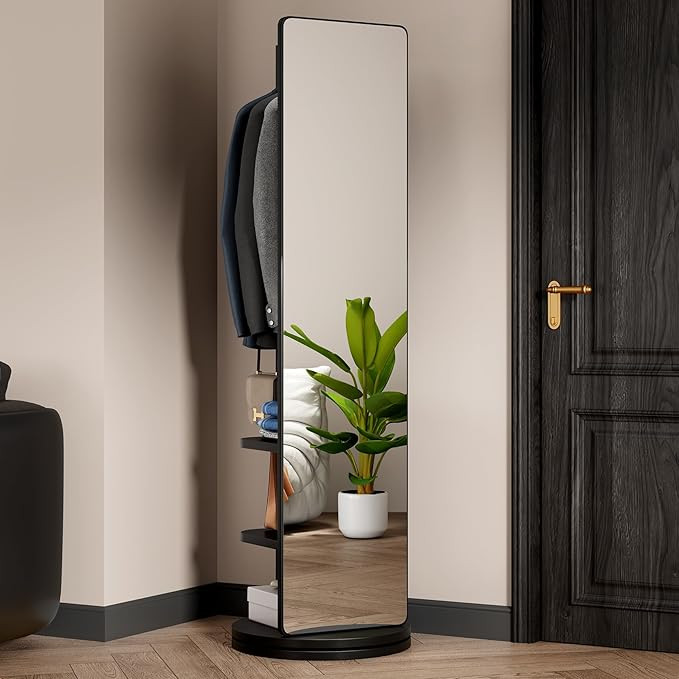 Standing Mirror Full Length, Swivel Full Body Mirror Coat Rack with Storage Hanger and Open Shelv... | Amazon (US)