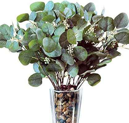 Artificial Greenery Stems – Faux Silk Eucalyptus Leaves White Seeded Green/Grey/Blue Floral 6 P... | Amazon (US)