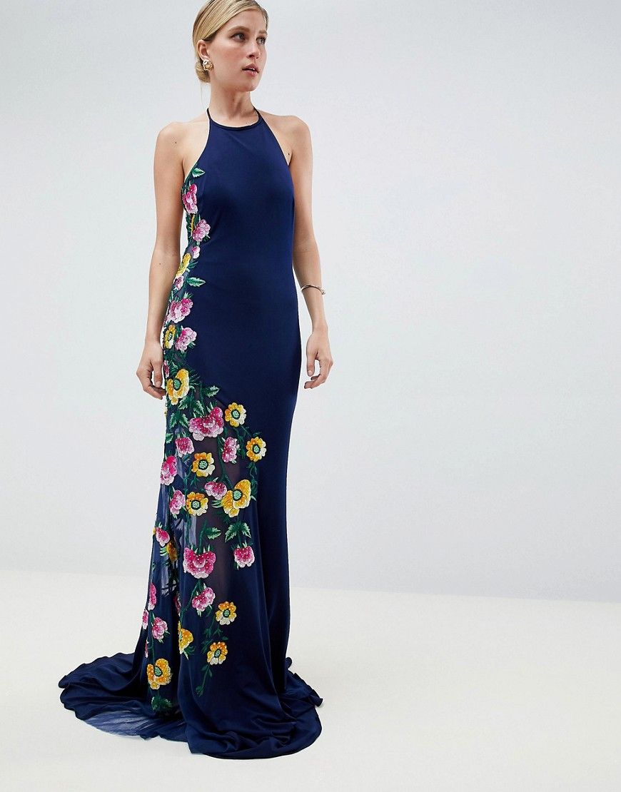 Jovani Maxi Dress With Embroided Side Detail - Blue | ASOS US