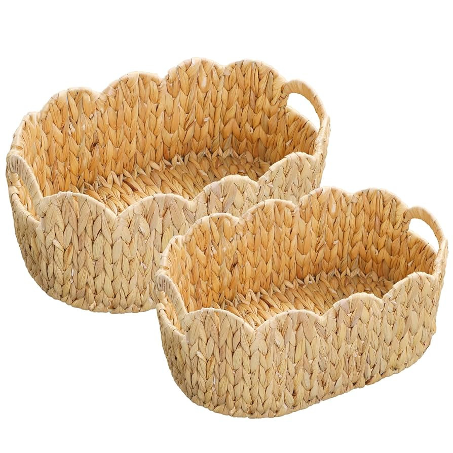 Scalloped Basket,Water Hyacinth Basket for Organizing and Decor,Hand-Woven Rattan Baskets with Bu... | Amazon (US)