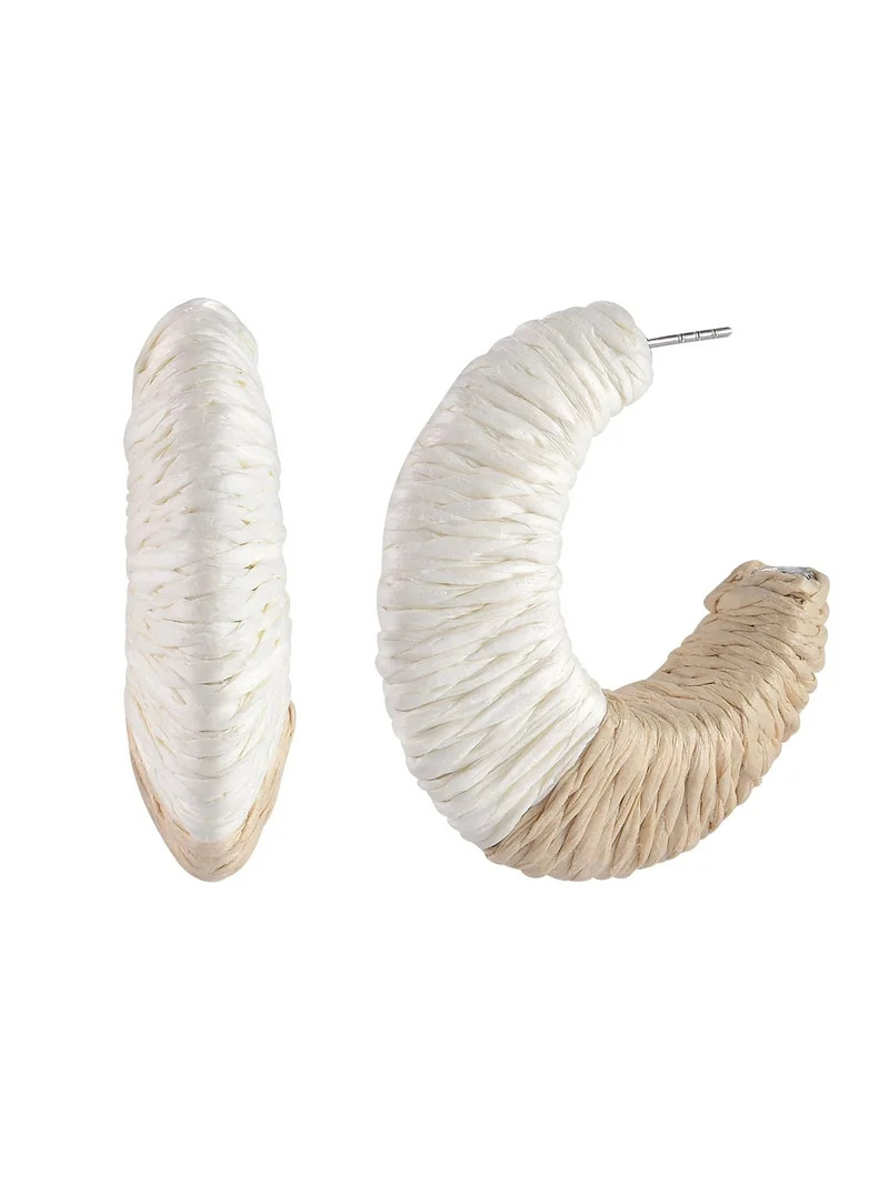 Time and Tru Adult Female Silver-Tone White and Natural Raffia C-Hoop Earring | Walmart (US)