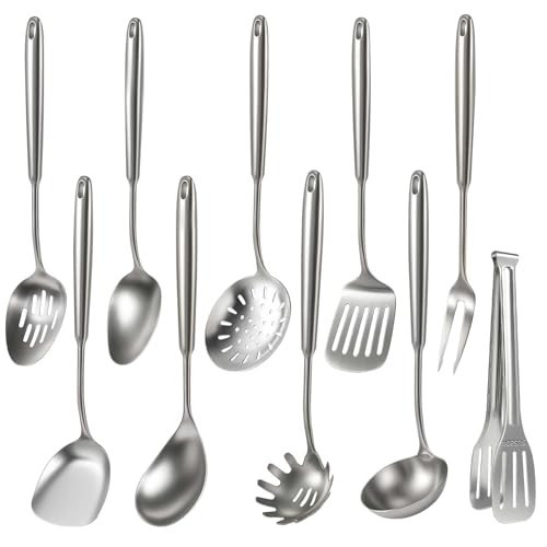 Newness 10 Pcs Cooking Utensils Set, 304 Stainless Steel Kitchen Utensils Set, Metal Kitchen Accessories, Include Soup Ladle, Slotted Skimmer Spoon, Spaghetti Spoon and Spatula, Tongs,Dishwasher Safe | Amazon (US)