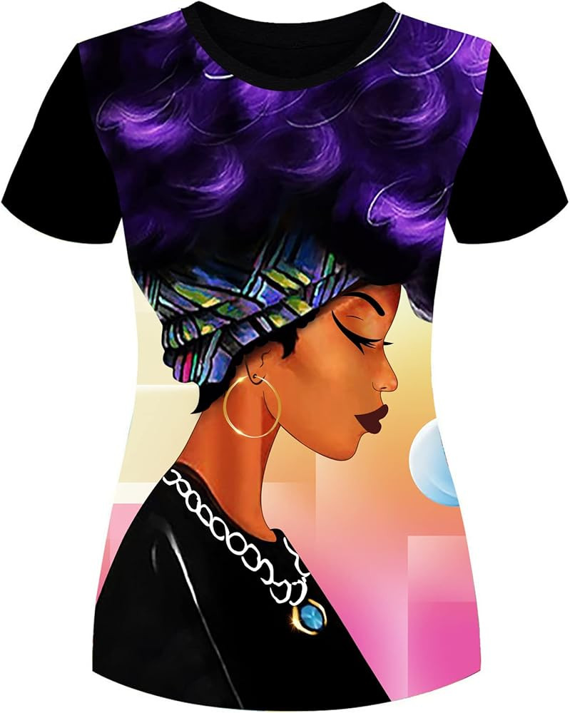 AZPSRT Women's T-Shirts Black Woman Afro Natural Hair 3D Floral Print Casual Tops for Women Tees | Amazon (US)