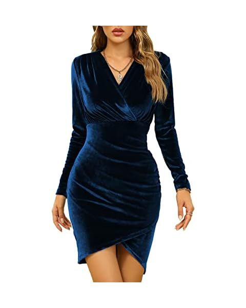 DIRASS Women's Elegant Velvet Long Sleeve Wrap V Neck Ruched Bodycon Cocktail Party Maxi Dress | Amazon (US)