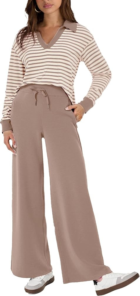 Glamaker Women's 2 Piece Sets Outfits Casual Long Sleeve Sweatsuits Polo Top and Wide Leg Pants M... | Amazon (US)