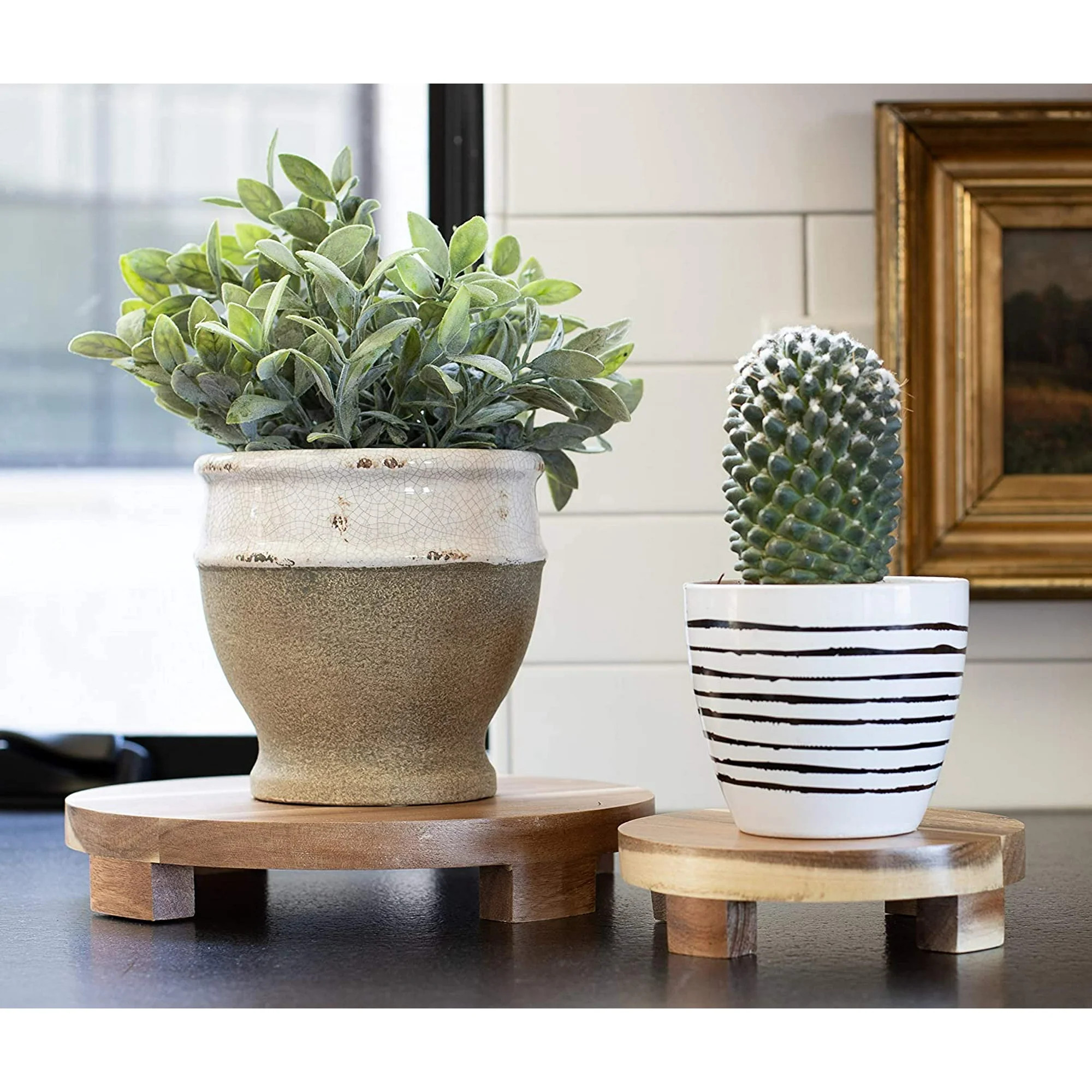 Chloe and Cotton Plant Display Stand Footed Tray Acacia Wood Round Pedestal, Set of 2 - Walmart.c... | Walmart (US)