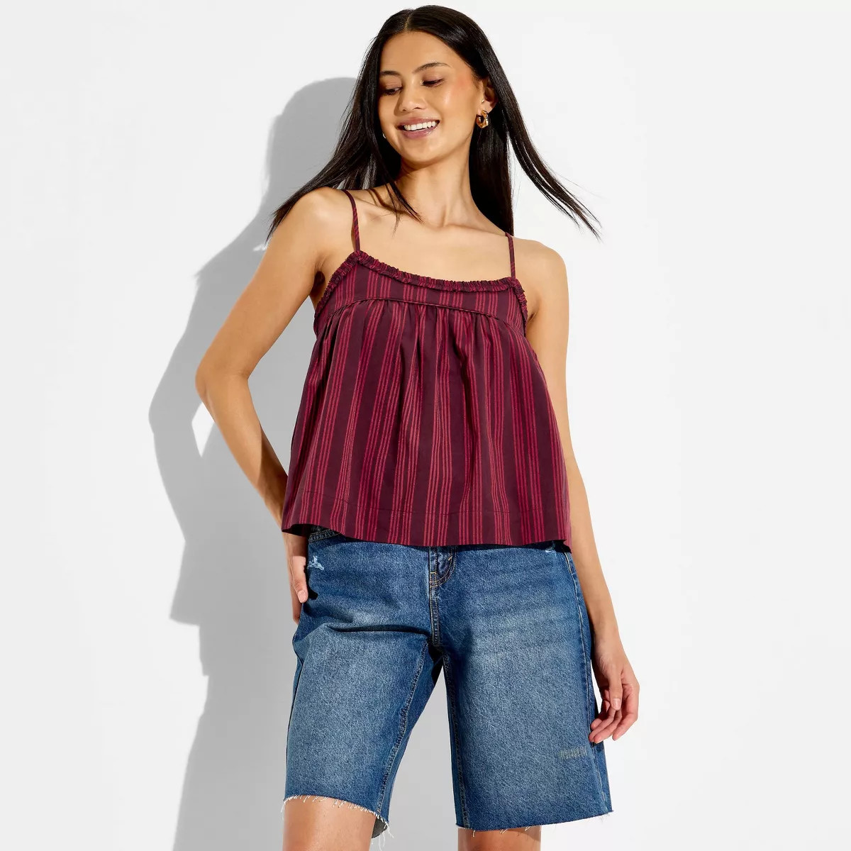 Women's Trapeze Ruffle Babydoll Cami - Wild Fable™ Dark Red Striped XS | Target