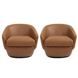 Modern Brown PU Leather Swivel Accent Arm Chair with Metal Base (Set of 2) | The Home Depot