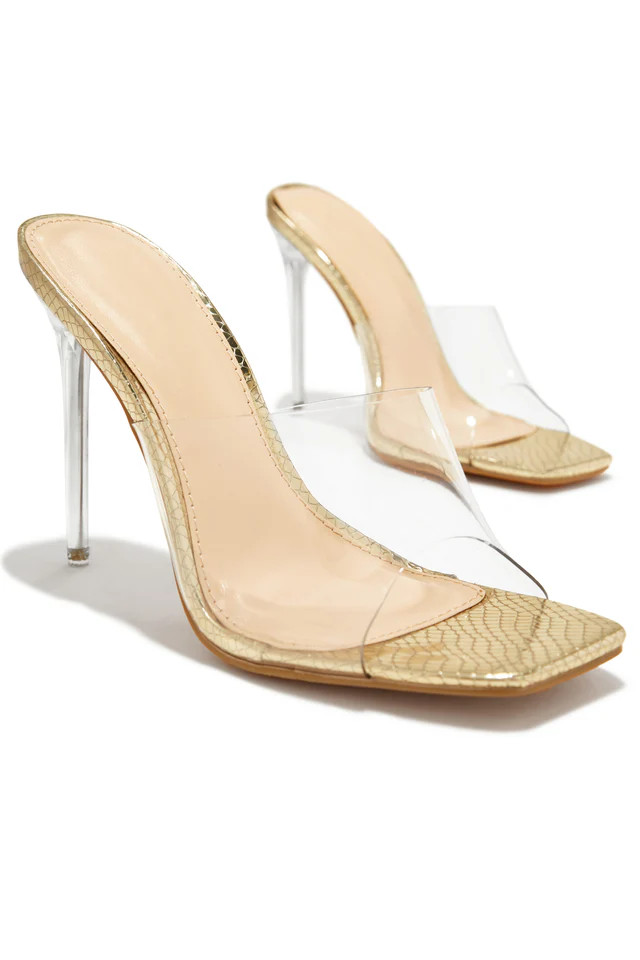 Miss Lola | Amerie Gold Clear High Heel Mules | MISS LOLA